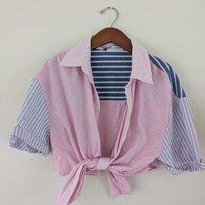Zara Pink and Blue Striped Tie-Front Top